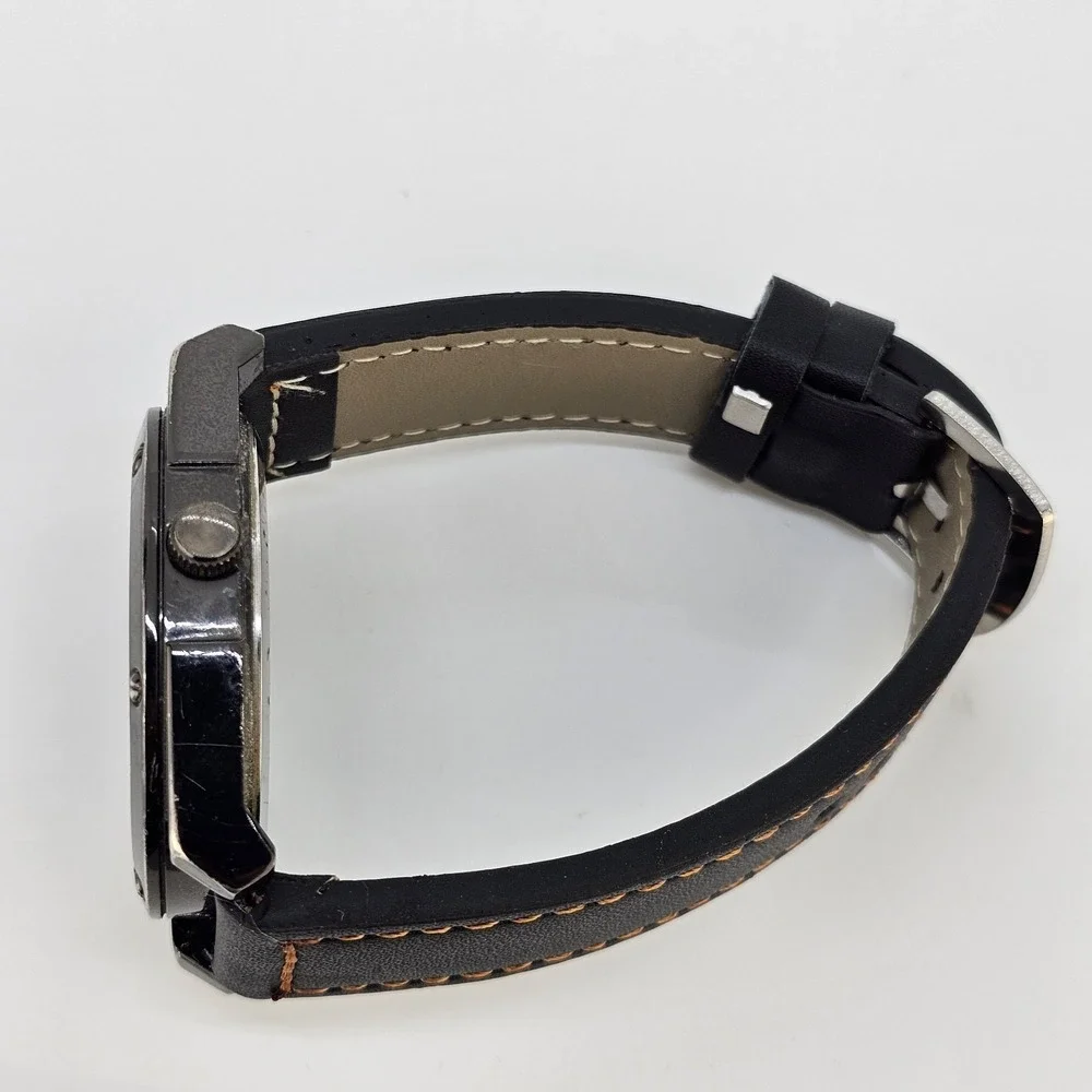 Men's Analog Watch 46MM Black Dial Brown Faux Leather Bands New Battery